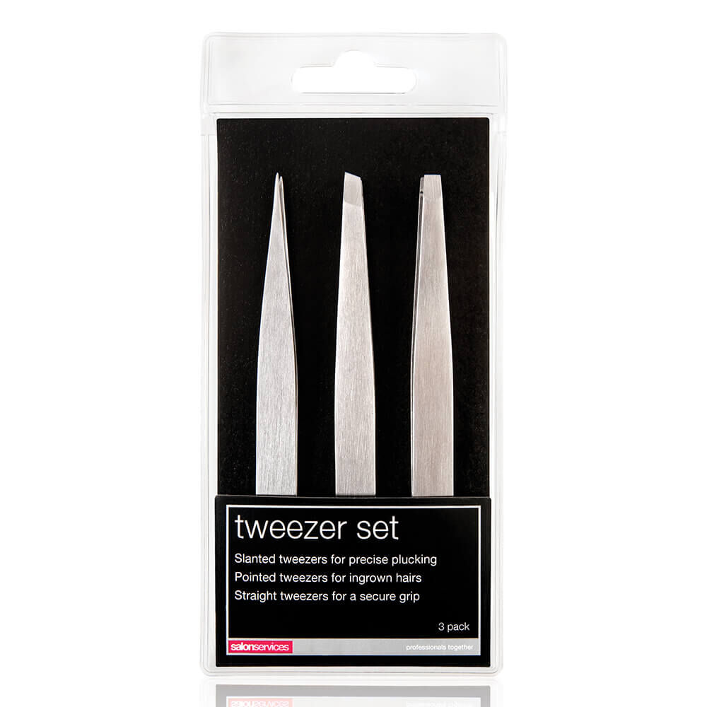 Salon Services 3 Piece Tweezer Set Silver Pack of 3 9.5cm Tweezers