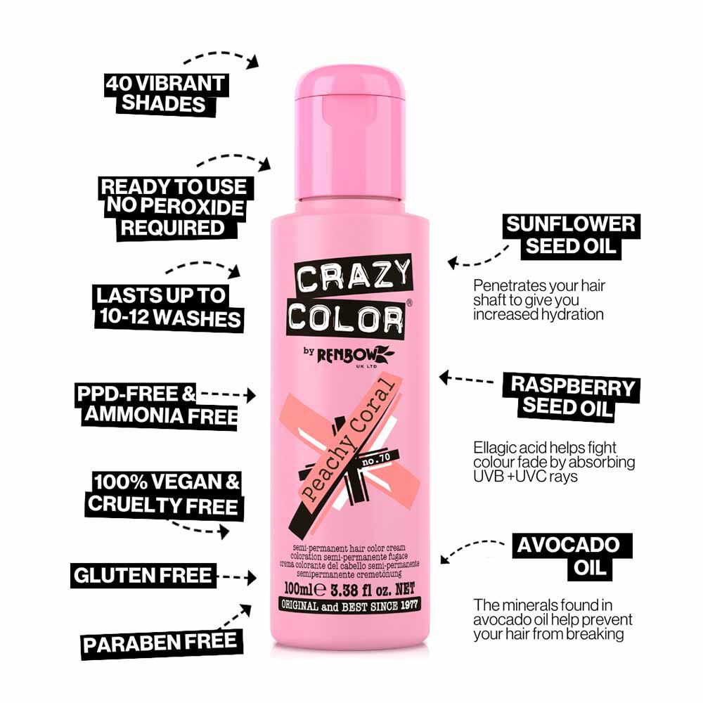 Crazy Color Semi Permanent Hair Colour Cream - Peachy Coral 100ml Crazy Color Semi Permanent Hair Colour Cream - Peachy Coral 100ml