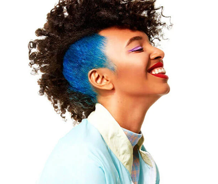 model with blue hair and curly mowhawk, Wunderbar Semi-permanent Blue