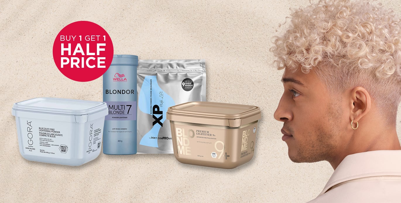 Buy 1 get 1 half price on hair bleach from Wella Blondor, Schwarzkopf BlondMe and Igora Vario.