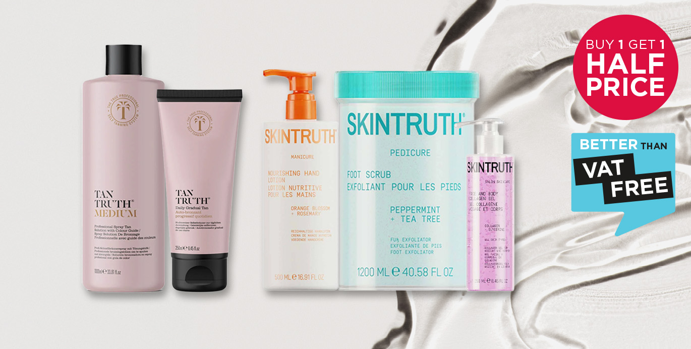 Buy 1 Get 1 Half Price across Skintruth & Tantruth Manicure, Pedicure, Skincare & Tanning ranges