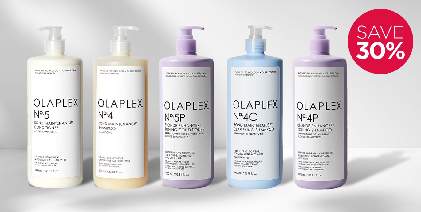 Save 30% on Olaplex shampoo and conditioner backbar sizes.