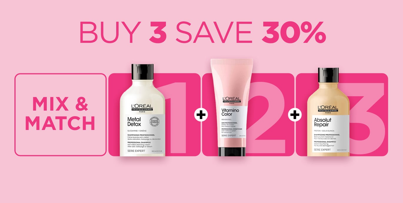 Buy 3 save 30% on L'Oréal Serie Expert take-home sizes.