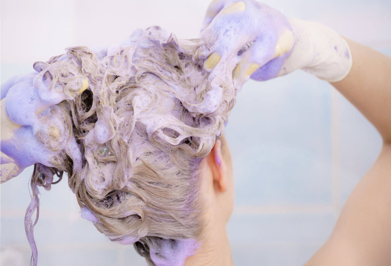 Woman washing hair with purple shampoo Image of woman using purple shampoo