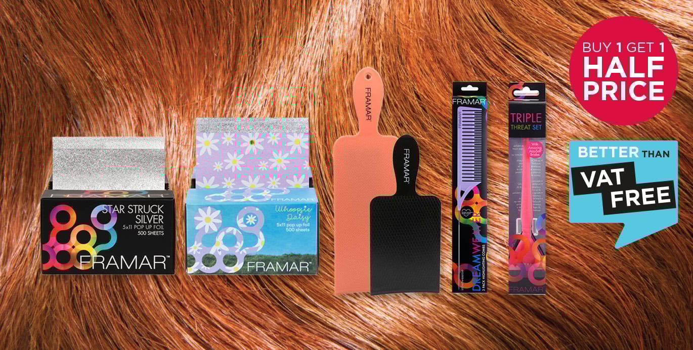 Buy 1 get 1 half price on hair foils and colouring tools from Framar.
