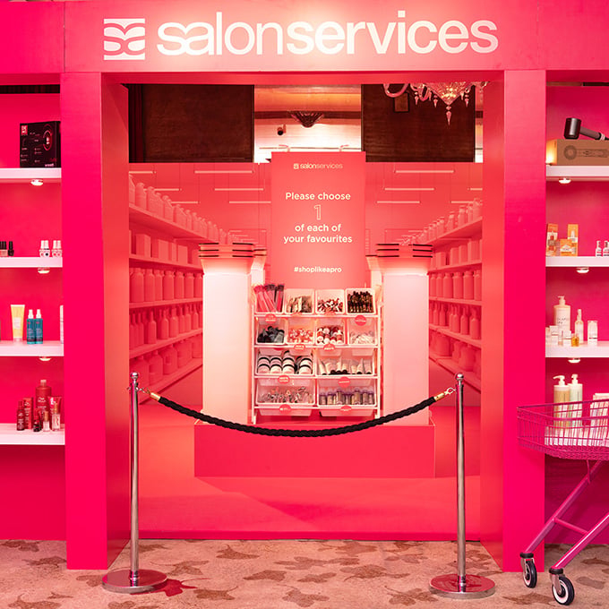 Salon Services x Sally Beauty Salon International goody bag stand
